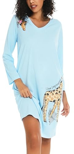 ENJOYNIGHT Chemise de Nuit Femmes Longue Manches Robe de Nuit Imprimée Col en V Vêtements de Nuit avec Poches (3X-Large,Bleu Pâle)