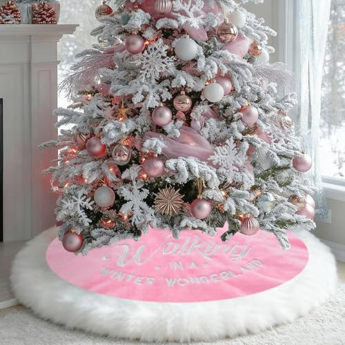 yuboo Pink Christmas Tree Skirt 48 inches, Large Faux Fur Fluffy - Furry Tree Rug Skirt with White Snowflakes Pink Christmas Decor Onaments for 7FT Christmas Tree