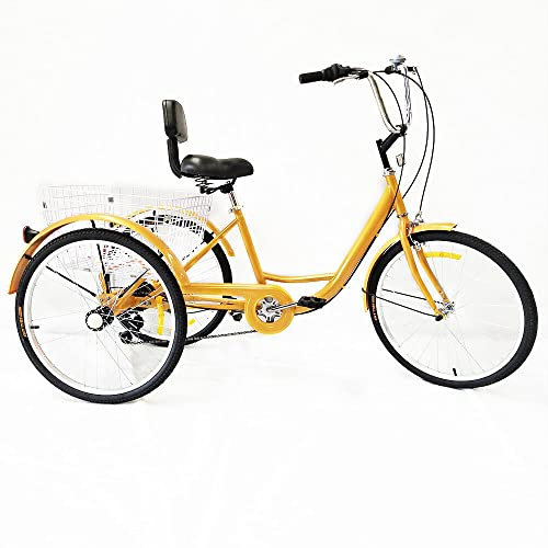 WWENDNDYS 24 Zoll Adult Tricycle 6 Speed 3 Wheel Bicycle Premium Fahrrad Dreirad mit Korb Gelb