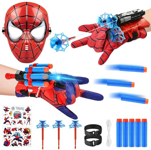 NHYDZSZ 2 Set Launcher Handschuh, Spid-er Spielzeug ab 3-8 Jahre Junge, Spid-er Netzwerfer Handschuhe mit Maske und Aufkleber, Superhelden-Cosplay Set für Kinder Fans, ab 3-10 Kinder Geschenk Junge