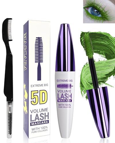 5D Grün Seidenfaser Wimpern Wimperntusche Wasserfest mit Wimpernkammbürste,Green Telescopic Waterproof Colored Mascara,Verlängerndes,Voluminöses,Langlebiges,Cosplay Party Bunt Augen Makeup-06 Grünes
