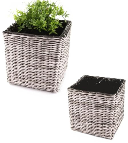 Pflanzkübel Premium Kubu Rattan-Körbe als Pflanztöpfe für außen - 2x eckige Pflanzkästen als wetterfeste Blumentöpfe in 40, 50 cm - Große Pflanzkörbe als Blumen-Korb und Pflanzen-Topf