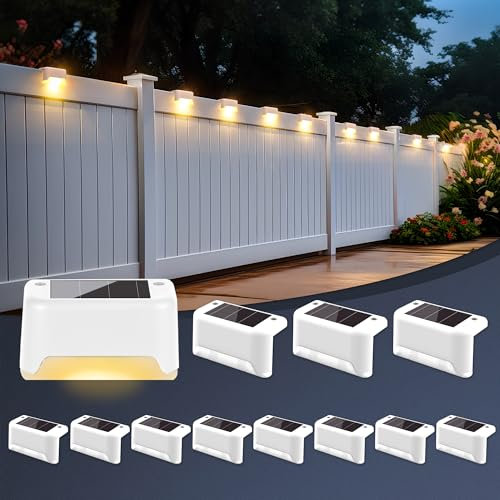 GIGALUMI Luces solares para exteriores pack de 12, luces para escaleras, impermeables, iluminación LED para escaleras exteriores, escalones, vallas, patios, terrazas,Blanco, Blanco Cálido