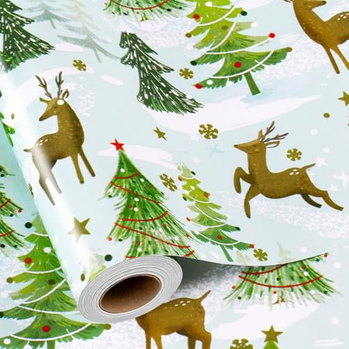 Wikadlik Geschenkpapier mit niedlichem Rentier, 43 cm x 10 m, grüne Weihnachtsbäume, elegantes Geschenkpapier für Winterferien, Partys, Feiern