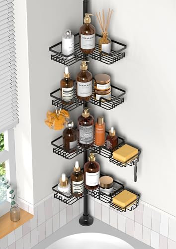 ZUNTO Dusch-Caddy Spannstange für Badezimmer, insgesamt 4 Aufbewahrungsregale und 2 Seifenhalter, stehende Eckdusche Spannstange Organizer für Shampoo, wasserdicht, Mattschwarz