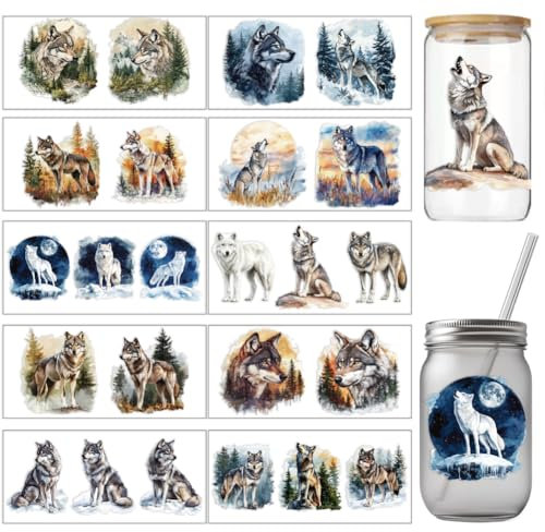 arricraft UV Transferpapier Für Tassen Mit Buntem Wolf Muster Und Kleinem Muster 10 Stück 10 Stile Wälder Rasenflächen Schneebedeckte Berge UV DTF Cup Wrap Aufkleber Für 16 OZ Glasbecher Handwerk