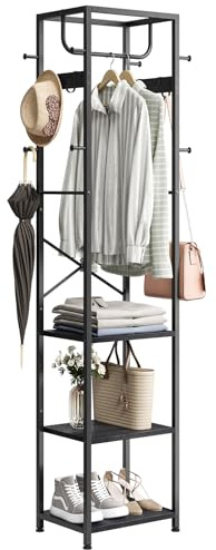 ELYKEN Porte Manteau sur Pieds d'Angle avec Etagere pour Entree Noir | Meuble Porte Manteau Entree Couloir Salon Vestiaire, Porte Manteau Bois Métal avec Rangement 40x30x180 cm