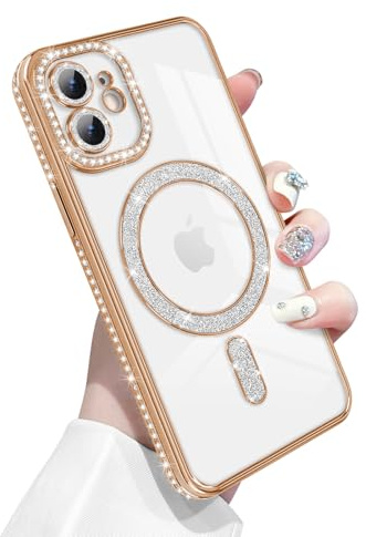 Newseego für iPhone 12 Hülle Kompatibel mit MagSafe, Gold | Glitzer, Magnetische, Bling Diamanten, Weiche TPU, Transparente Handyhülle, Stoßfest Schutzhülle, Vollständig Kameraschutz