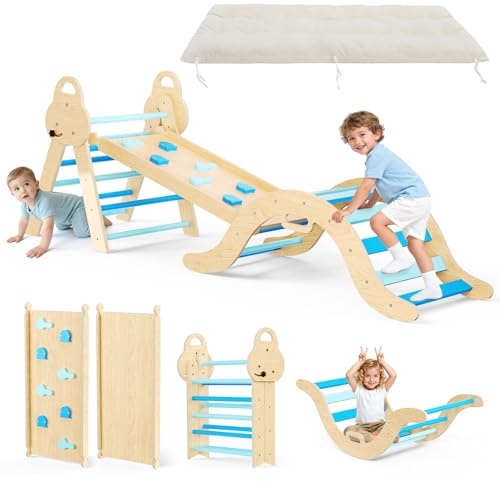 Lischwert 7 in 1 Montessori Klettergerüst Set & Balance-Bogen aus Holz inkl. Kissen – Indoor Spielset für Kleinkinder, Motorikspielzeug zur Förderung von Gleichgewicht & Kreativität