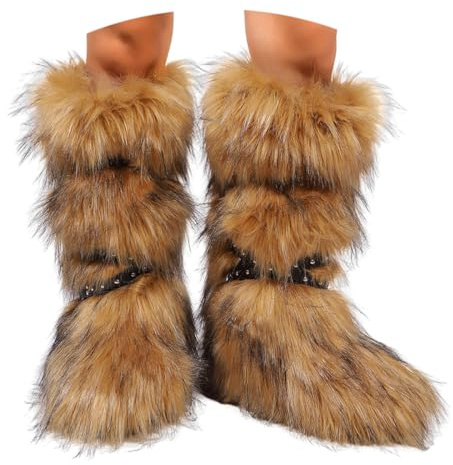 ORANDESIGNE Femme Bottine en Peluche Fourrure Hiver Bottes de Neige Plate Bottines Fourrées Y2K avec Boucle de Ceinture A Kaki 36 EU