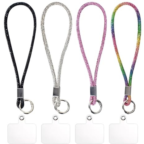 Alyxen 4 Stück Handy Lanyard Strass Universal, Diamant Handyband, Handgelenk Handykette, Handykette Handgelenkband Glitzer Strass Kristall Telefon Lanyard für alle Smartphone Kurz