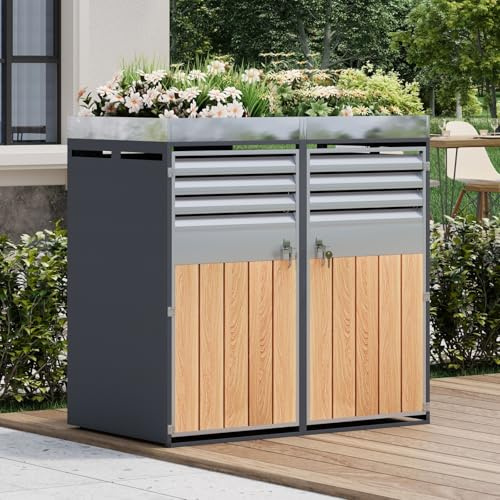 KOMHTOM 240L Cache Poubelle Extérieur Double 2 Bacs, Abri à Poubelle Extérieur avec Couvercle Haut et Porte Avant, Ventilation, Acier Robuste, Design Bois (2, Gris-3)