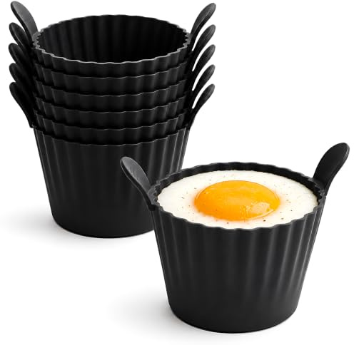 6 Pack Air Fryer Ramekins, Durable Silicone Cups for Breakfast Meals, Silicone Egg Moulds for Poached Eggs, Muffins, and Cupcakes, Oven and Dishwasher Safe (Black)