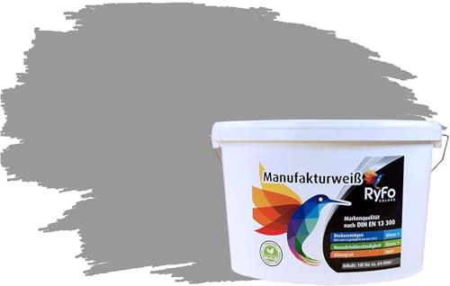 RyFo Colors Bunte Wandfarbe Manufakturweiß Elefantengrau 10l - weitere Grau Farbtöne und Größen erhältlich, Deckkraft Klasse 1, Nassabrieb Klasse 1