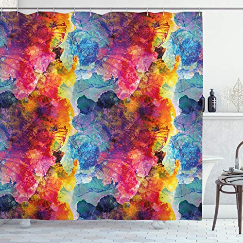 ABAKUHAUS Abstrakt Duschvorhang, Nahtlose Abstrakte Kunst, Stoffliches Gewebe Badezimmerdekorationsset mit Haken, 175 x 200 cm, Rosa Orange Violett