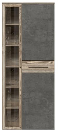 Forte MINDI Vitrine rechts mit 1 Tür und 1 Glastür, Holzwerkstoff, Picea Kiefer/ Betonoptik Dunkelgrau, , B x H x T: 79,9x196x34,1