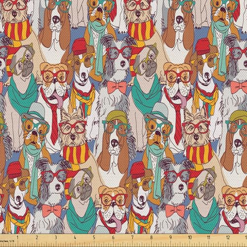 ABAKUHAUS Hundeliebhaber Stoff als Meterware, Hipster Bulldogge Mops, Qualitäts Stoff Polster für Wohnaccessoires, 10M (148x1000cm),Braun Mehrfarbig