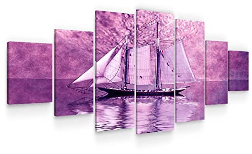 Startonight Leinwandbild xxl Mit dem Boot in eine Unbekannte Lila Welt - Leinwandbilder Moderne Kunst - Abstrakte Wanddeko Kunstdrucke, Wandbilder 7 teile 100 x 240 cm, Tag Nacht Groß Bild