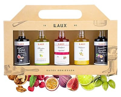 LAUX Essig & Öl Geschenkset Frauen – 5x40ml Olivenöl, Walnussöl, Balsamico & Aperitif – Feinkost Koch Box -Geschenkbox für Sie und Ihn