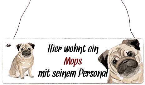 Interluxe Holzschild - Hier wohnt ein Mops - Türschild, Warnschild oder Hundeschild als Geschenk für Menschen mit Möpsen