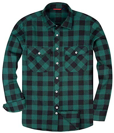 siliteelon Flanellhemd Herren Hemd Kariertes Grün & Schwarz Casual Karohemd Langarmhemd Regular Fit Baumwolle Arbeitshemd,XL