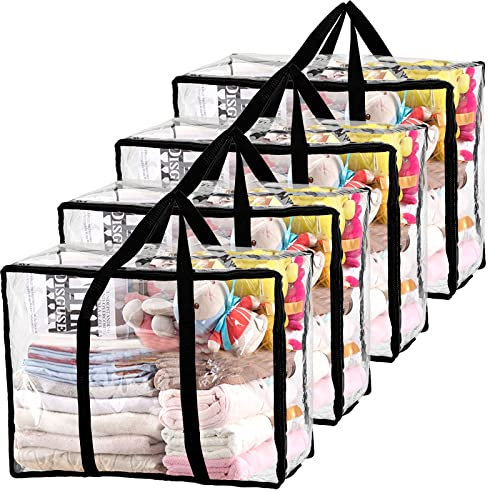 Fasmov 4 Pack Clear Clothes Storage Bag Organizer with Reinforced Handle, Closet Organizer Vinyl Bag for Bedding, Linen, Blankets, Duvet Covers, Comforters, Clothes & Toys