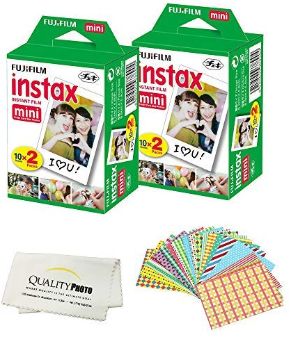Fujifilm Mini - Película instantánea para cámaras Fujifilm Mini 8, 9 Mini 11 + pegatinas para marco y paño de microfibra (40 películas), color blanco