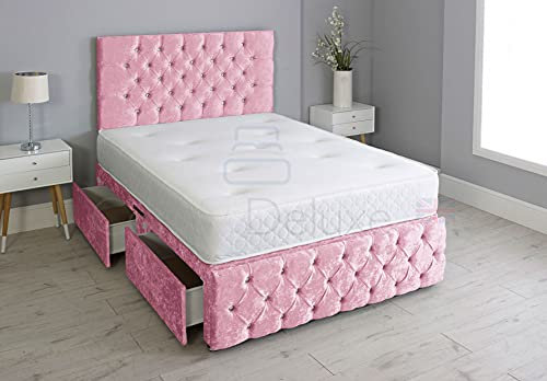 Crushed Velvet Chesterfield Divan Bed Set with Memory Sprung Mattress and Matching Footboard (Pink, 2FT6-2 Drawers Right Hand Side Facing)