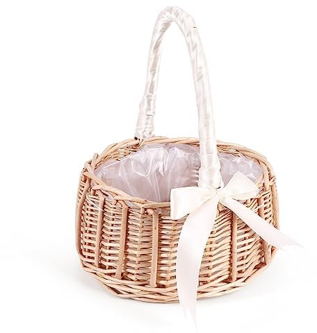Hacbop Woven Flower Basket Rattan Storage Basket Flower Girl Hand Basket Handmade Flower Basket with Bow, S