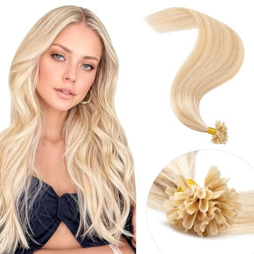 Elailite 1g Pre Bonded Stick U Tip Hair Extensions Keratin Human Hair Extensions Remy Hair - 50 Strands (#18/613 Ash Blonde Mix Bleach Blonde, 24(1g*50 Strands))