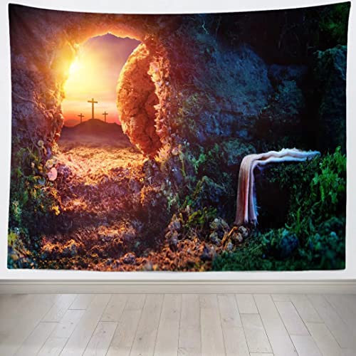 BELECO Jesus Tapisserie Leeres Grab Jesus Kreuzigung Shroud Kunst Wanddekoration Auferstehung Jesu Hintergrund mit Kreuz Tapisserie Ostern Hintergrund Kirche Poster Heimdekoration für Schlafzimmer