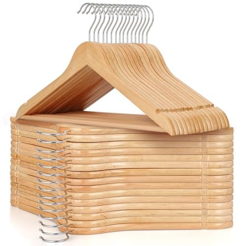 TOPIA HANGER Wooden Hangers 30 Pack, Natural Wood Clothes Hangers, Durable Coat Hanger with 360-Degree Rotatable Hook, Non-Slip Pants Bar and Shoulder Notches for Camisole Tops-CT34N30