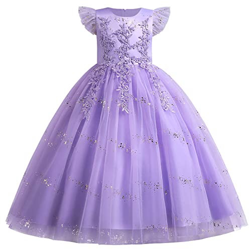 IMEKIS Vestido de niña de flores princesa de encaje tutú lentejuelas Bowknot vestido festivo fiesta dama de honor boda cumpleaños largo desfile vestido de fiesta …, Lila 2, 5-6 años