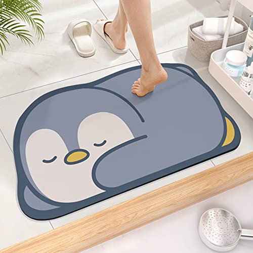 Super saugfähige Badematte, niedliche Cartoon-Badezimmer-Eingangs-Anti-Rutsch-Matten, saugfähige Bodenmatten für das Haushaltsbad, schnell trocknender Teppich (60_x_40_cm, Blauer Pinguin)