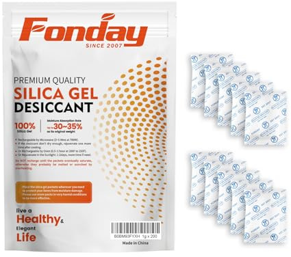 1Gram 200Packets Fonday Food Grade Silica Gel Desiccant Packs | Premium silica beads absorb moisture effectively, keeping snacks, jerky, spices & vitamins dry & fresh