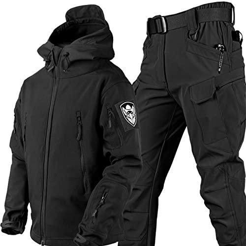 WENNEWU Männer Taktische Uniformen Militärische wasserdichte Armee Kampfanzug Sets Camouflage Softshell Jacke Hosen Jagdkleidung,Schwarz,3XL
