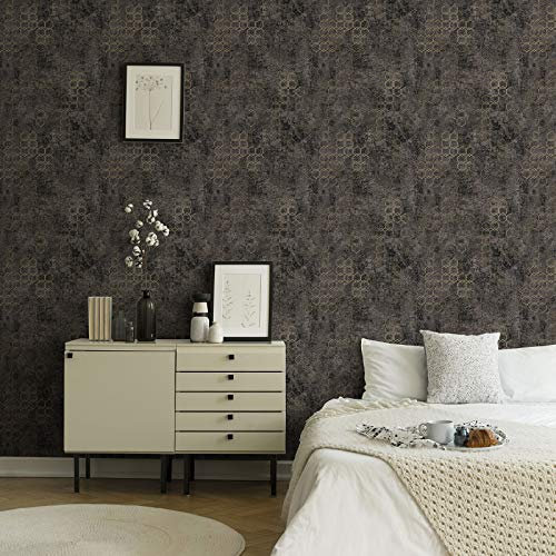 BRICOFLOR Geometrisch Tapete | Industrial Vliestapete in Schwarz Gold | Metallic Tapete mit Hexagon Muster für Küche und Wohnzimmer | Sechseck Mustertapete mit Vinyl im Industrielook
