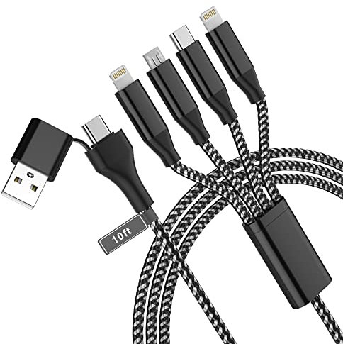 USB C Multi Ladekabel 4-in-2 Schnellladekabel, 3M/10Ft [Apple MFi-zertifiziert] USB A/USB C auf Micro-USB+Typ C+2 Lightning, Multi USB Kabel für iPhone und Android (Typ C nicht für iPad & iPhone15)