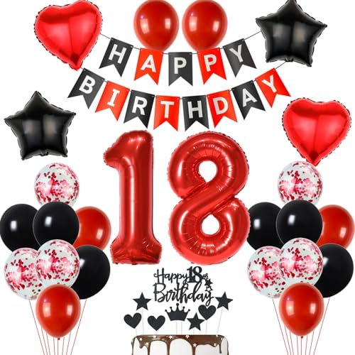 18 Geburtstag Deko Schwarzes Rot, Tortendeko 18. Geburtstag Dekoration Mädchen, Luftballon 18 Rot Schwarz Junge, Geburtstagsdeko 18 Jahr Mädchen, Tortendeko 18 Jahre