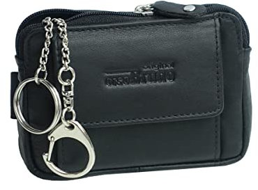 Schlüsseltasche Leder schwarz Schlüsseletui groß Schlüsselmäppchen Damen und Herren Rindleder schwarz + Karabiner und Schlüsselring + Münzfach+ Rückfach