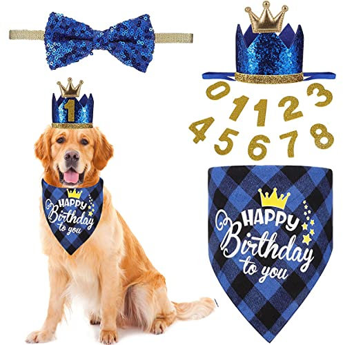 Krone Hund Geburtstagsmütze, 4 Stück, niedlicher Hunde-Geburtstagsmütze und Bandana mit Hundefliege und goldenen Zahlen, wiederverwendbar für Haustiere Welpen Katzen kleine mittelgroße Hunde (blau)