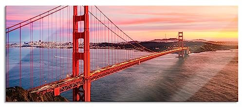 Pixxprint Glasbild Panorama, Wandbild aus Echtglas, Golden Gate Bridge bei Sonnenuntergang, 100x40 cm, inkl. Aufhängung und Abstandshalter