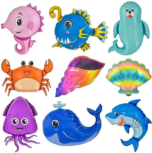 OSDUE Folienballon Meerestiere, 9 Stück Luftballons Tiere, Tierkopf Riesenballon, Kinder Geburtstag Party Deko Hai, Wal, Laternenfisch Owen, Oktopus Davy, Seelöwe Diff, Seepferdchen, Krabbe