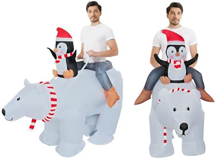 DeHasion Christmas Inflatable Penguin Riding Polar Bear Costume Christmas Blow Up Costume for Adult/Christmas Party/Christmas Parade, Brown