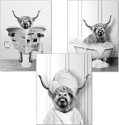 artpin® Poster Badezimmer Deko A4 Bilder Bad schwarz-weiß WC Deko Rind Tier in der Badewanne, auf Toilette B15