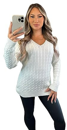 Crazy Fashion Ladies Long Sleeve V-Neck Knitted Cable Women’s Jumper Knitted Sweater Pull Over Jumper Top Knit Warm Winter Chunky Everyday Casual Pullover Plain Tops Cream UK 12-14
