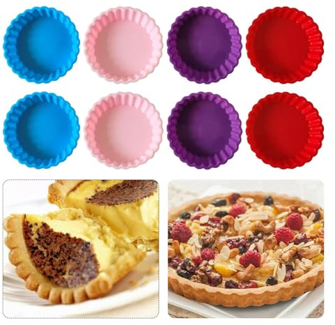 beiyoule 8 pcs Silicone Tart and Pie Molds, 4 Inch Fluted Mini Tart Mould Round Nonstick Quiche Pan Bakeware Mold for DIY Baking Pies/Tarts/Mousse Cakes/Small Dessert(Random Color)