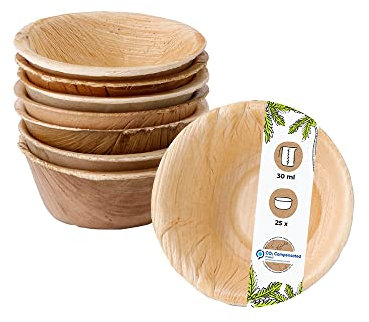 GREENBOX Lot de 25 bols à sauce durables en feuille de palmier - Ronds - 30 ml - Biodégradables et compostables - Vaisselle jetable pour restauration, camions alimentaires, événements, vaisselle de