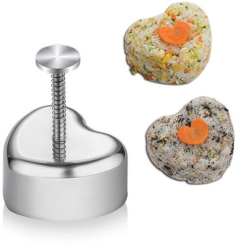 EnMart Rice Ball Mold Stainless Steel Sushi Maker Mold Heart Shaped Onigiri Mold, Onigiri Mold Making Tool for Kids with Non-Stick Surface Handle