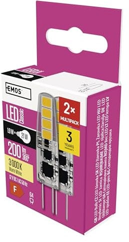 EMOS LED Lampe G4 2er Pack, 1,9 W ersetzt 21 W Glühbirne, G4 Pin Lampe JC 12V, Helligkeit 200 lm, Warmweiß 3000 K, 30000 h Lebensdauer, 300°Abstrahlwinkel